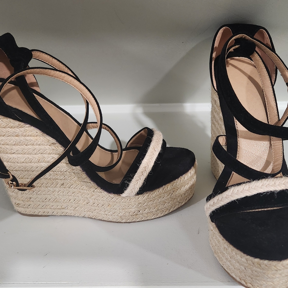 Black and Tan Wedge Sandals